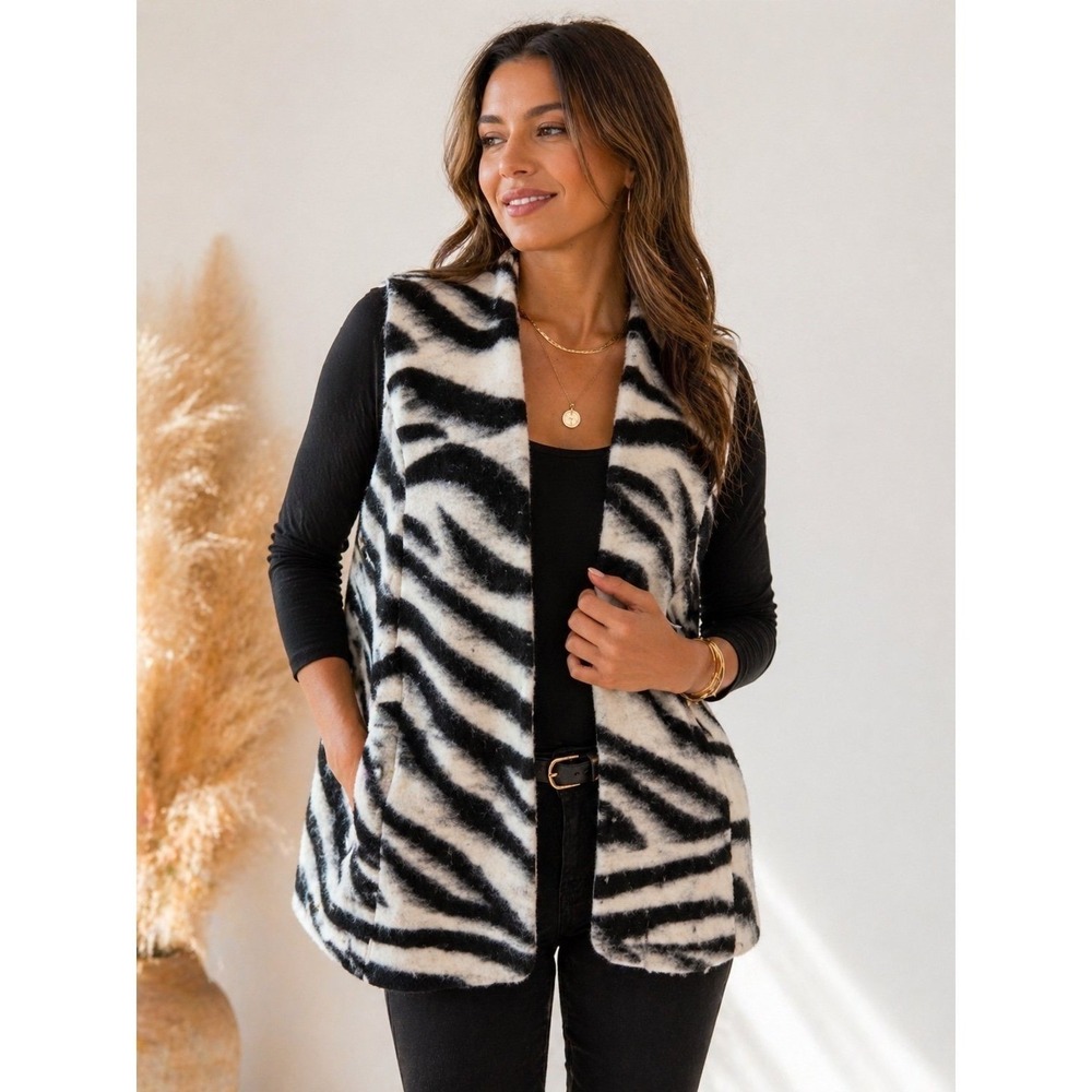 Chico's Zebra Print Wool Blend Vest Open Front Sleeveless Jacket Size 1